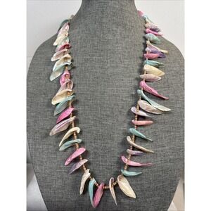 Vintage 70's Tribal Long Blue Pink Tribal Shell Screw Clasp Necklace 30"